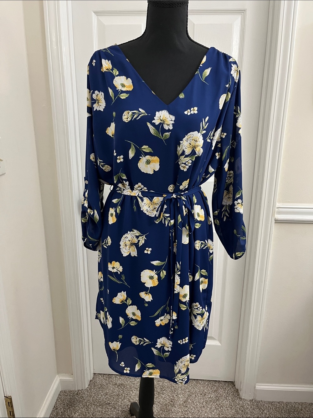 Navy Floral V-Neck Midi Dress with Tie Waist